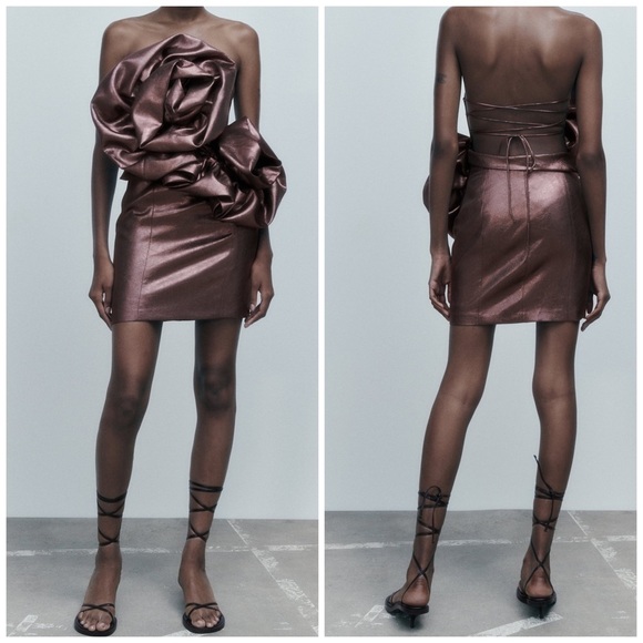 NEW Zara Voluminous Flower Strapless Lace Up Back Mini Dress 7699/308 - Picture 2 of 16